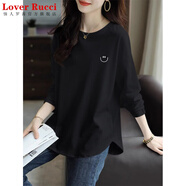 LOVER RUCCI歐貨黑色長(cháng)袖t恤女2025秋冬季寬松中長(cháng)款內搭加絨磨毛純棉打底衫 加絨黑色【笑臉-右】 XL