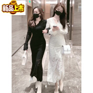 初徑（CHUJING）溫柔風性感內(nèi)搭領(lǐng)包臀魚尾蕾絲連衣裙女2025春秋中長款打底裙子 黑色 L 建議101-110斤