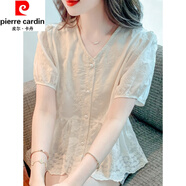皮爾卡丹（pierre cardin）真絲短袖襯衫女夏季新款收腰顯瘦時尚洋氣減齡小衫高端桑蠶絲上衣 杏色 XL