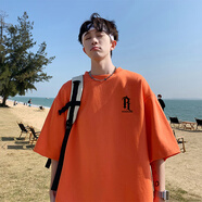 主意范短袖T恤男純棉夏季大碼潮牌青少年寬松印花五分袖T恤半袖體恤衫 WT209橘色 XL 125-145斤