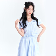 凡兔2024春夏新款撞色娃娃領(lǐng)小衫木耳邊傘裙兩件套女減齡甜美俏皮 藍色 M