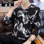 鼎度（DINGDU）2021男士長袖T恤韓版冰絲修身V領(lǐng)潮流帥氣打底衫薄款體恤男裝上衣 楓葉白【長袖】 M