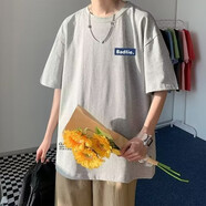 嘉曄五分袖男夏季短袖T恤男學生韓版潮流港風ins卡通情侶半袖上衣體恤 kp2171淺灰色 5XL