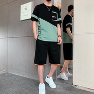 男府男士短袖t恤圓領(lǐng)純棉夏季上衣服男裝夏天半袖體恤衫潮牌休閑套裝 21056黑色套裝 XL(建議130-145斤)