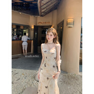 丹珠娜（DanZhuNa）法式純欲吊帶連衣裙子夏天女裝2025新款國風(fēng)三亞旅游度假海邊長(cháng)裙 米黃蝴蝶連衣裙 M