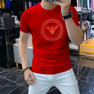 匡都（KRDUGBR）短袖t恤男冰絲韓版圓領(lǐng)半截袖潮流修身衣服大碼胖子夏季輕奢男裝 紅色 M 【90-110斤】