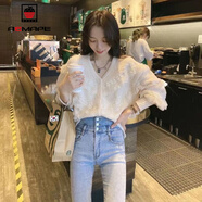 AEMAPE女裝2025春秋冬季蕾絲針織衫女洋氣設計感小眾針織開(kāi)衫毛衣女 白色 S _建議80-100斤