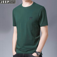 吉普（JEEP）短袖t恤男圓領(lǐng)大碼男裝夏季薄款純色刺繡棉質(zhì)男士短袖體恤打底衫 墨綠色 XL/建議145斤左右