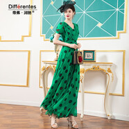 帝弗·潤馳夏天長(cháng)款連衣裙2025新款波點(diǎn)長(cháng)裙大擺裙綠色印花洋氣雪紡拖地長(cháng)裙 綠色 M