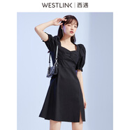 西遇連衣裙女短袖2024年夏季新款氣質(zhì)淑女泡泡袖收腰休閑顯瘦a字裙子 黑色 M