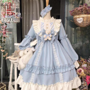 洛丽塔裙子全套女2020新款Lolita公主裙学生洋装连衣裙OP长袖正新品潮 蓝色(单件裙子不含任何配件) 均码