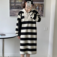 天丂休閑條紋衛(wèi)衣連衣裙秋冬大衣內(nèi)搭寬松顯瘦長裙長袖連衣裙打底裙子 寬松條紋衛(wèi)衣裙【黑色XL】