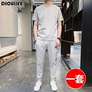 DIOULIFE夏天男士休閑套裝夏季運動套裝男衣服冰絲短袖T恤運動服套裝潮牌 855灰色 L