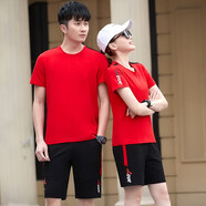 特司萊 運(yùn)動(dòng)套裝圓領(lǐng)T恤夏季休閑跑步服兩件套短袖短褲健身晨跑情侶套裝 紅色 5XL碼-女款【145-160斤】