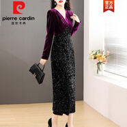 皮爾卡丹（pierre cardin）喜婆婆婚宴裝連衣裙女春秋年輕金絲絨晚禮服高貴洋氣長(cháng)袖高級感 紫紅 XL 【適合126-135斤】