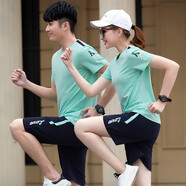 特司萊 運(yùn)動套裝圓領(lǐng)T恤夏季休閑跑步服兩件套短袖短褲健身晨跑情侶套裝 薄荷綠 XL碼-女款【95-110斤】