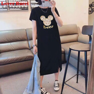 LOVER RUCCI純棉短袖t恤裙女2025夏季新款中長款寬松過膝長裙卡通時(shí)尚連衣裙 黑色(金色字母米奇款) XL