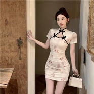 RWNNVI中式氣質(zhì)主播改良式旗袍裙法式收腰顯瘦包臀短款顯身材連衣裙 圖片色 高質(zhì)量 S 建議70斤-80斤