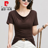 皮爾卡丹（pierre cardin）早秋莫代爾長(cháng)*袖t恤女打底衫韓版漂亮小衫顯瘦堆堆低領(lǐng)薄款上衣潮 190#短袖咖啡色 XL