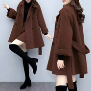 依米儂（YIMINONG）胖女人時(shí)尚顯瘦的大碼裝套裝女200斤秋冬遮肚子胖mm毛呢裙女300斤 咖啡【外套+半身裙】 M【98-105斤穿】