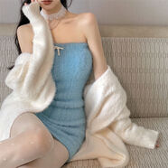 矜持范毛絨絨抹胸連衣裙女吊帶內搭秋冬欲收腰顯瘦一字肩內搭包臀 藍色 M 80-90