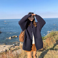 帛雷斯諾棒針毛衣外套女冬季設(shè)計(jì)感日系手工粗棒針牛角扣針織藍(lán)色女 藏青色常規(guī)款 S