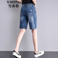 雪沐蓉 破洞牛仔短褲女夏季寬松5分褲學(xué)生顯瘦直筒中褲女潮五分褲子 深藍色 28