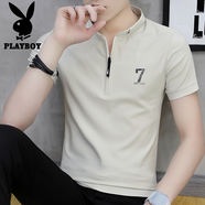 花花公子（PLAYBOY）短袖t恤男夏季2025韓版潮牌修身立領(lǐng)T恤男士上衣純色打底衫短袖男 1814ABC卡其色 2XL 180