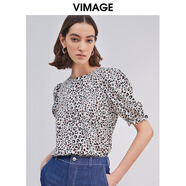 緯漫紀（VIMAGE）女裝夏季新品休閑圓領荷葉邊個性豹紋短袖雪紡衫上衣女VB2113104 米白13 M (2)