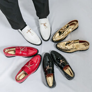 藝佰健一腳蹬懶人紅色皮鞋男韓版尖頭皮鞋男士白色時(shí)尚潮鞋影樓拍照婚鞋 紅色 38