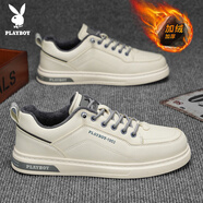 花花公子（PLAYBOY）男鞋子男2025冬季休閑鞋男士時(shí)尚加絨板鞋男款運動(dòng)鞋 米色加絨 40