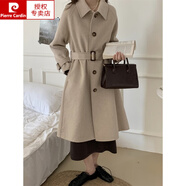 皮爾卡丹（pierre cardin）雙面羊毛大衣 中長(cháng)款腰帶長(cháng)袖娃娃領(lǐng)紐扣H版型藏肉羊絨毛呢外套 燕麥色 S (120斤以下)