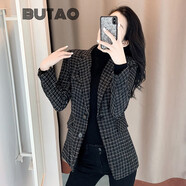 BUTAO格子西裝外套女春秋氣質(zhì)毛呢格紋小西服黑色百搭顯瘦上衣 黑格子 2XL