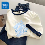 真維斯（JEANSWEST）短袖t恤女夏季新款純棉女裝上衣服撞色寬松ins風(fēng)小個(gè)子女生半袖衫 米藏青 柔軟的夢(mèng)境白 L