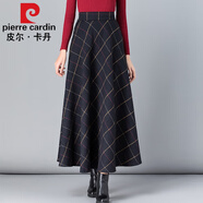 皮爾卡丹高檔品牌女裝2022秋冬毛呢格子半身裙女百搭高腰A字裙中長款加厚顯瘦長裙 深藍格子 L