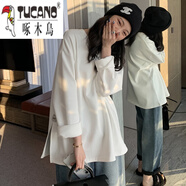 啄木鳥(niǎo)重磅t恤加絨打底衫女中長(cháng)款加厚秋冬長(cháng)袖白色t恤寬松圓領(lǐng)上衣內搭 重磅加絨加厚-400克白色開(kāi)雙叉 3XL 建議146-155斤