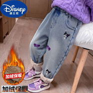 迪士尼（Disney）女童加絨加厚牛仔褲冬季兒童棉褲一條過冬新款女寶寶冬裝加厚褲子 繡花小貓(加絨加厚)一件過冬 120