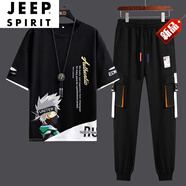 JEEP SPIRIT運(yùn)動套裝男夏季學(xué)生青少年t恤男短袖兩件套ins潮牌寬松休閑一套 【短袖套裝】K021黑色+HD01 L