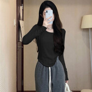 妃麗慕尚2024早秋新款洋氣短款長袖t恤女不規(guī)則緊身收腰內(nèi)搭上衣打底衫潮 734黑色 L 建議115斤以內(nèi)