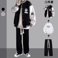 摘星少年春秋季棒球服套裝男ins港風(fēng)夾克外套帥氣潮流一套學(xué)生帥氣三件套 3件裝T156棒球服黑白+Y22衛(wèi)衣+K02褲黑色 XL