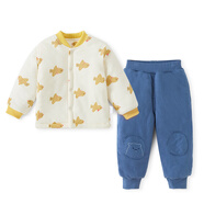 棉大班（MIANDABAN）寶寶夾棉保暖內衣套裝嬰兒秋冬三層薄棉加厚棉衣棉褲男女童冬裝新 可愛(ài)飛鳥(niǎo)+深藍 90 CM