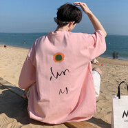 主意范短袖T恤男純棉夏季大碼潮牌青少年寬松印花五分袖T恤半袖體恤衫 WT150粉色 M 95-110斤