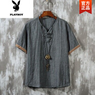 花花公子（PLAYBOY）夏季中國風(fēng)男裝短袖仿亞麻T恤寬松超薄款復(fù)古民族盤扣棉麻上衣服 深灰色 3XL 參考體重155-170斤