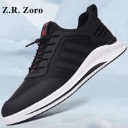 Z.R.Zoro輕奢品牌男鞋2025夏季新款飛織網(wǎng)面運動鞋透氣百搭男士休閑鞋子男 黑白皮面單 39