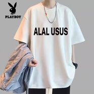 花花公子（PLAYBOY）純棉短袖t恤男套裝2025夏季港風(fēng)搭配帥氣寬松休閑褲男學(xué)生2件套 USUS白+項鏈 XL【建議115-125斤】
