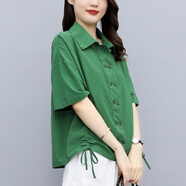 棉麻中袖襯衫女新款ma上衣抽繩T恤寬松顯瘦苧麻襯衣 綠色 L 建議100-115斤