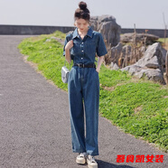 顏熏末短袖工裝牛仔連體褲女夏季新款顯高顯瘦遮肉闊腿薄款連衣長(zhǎng)褲 牛仔藍(lán)色 +腰帶 L 170