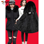 啄木鳥(niǎo)加絨加厚派克服外套女士冬季2025新款中長(cháng)款棉衣收腰棉服大碼棉襖 黑色 加絨加厚 XL 125-140斤