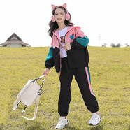 幽幽小熊童裝女童套裝秋裝2022新款中大童春秋季時尚運動衣兩件套潮女孩 辛笑臉黑色 120