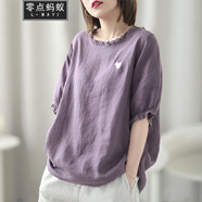 零點螞蟻加肥加大碼女裝夏裝胖mm文藝棉麻短袖洋氣減齡寬松顯瘦亞麻上衣 圖片色 XL【150-180斤】